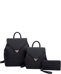 Fashion Envelope Flap Backpack 3-in-1 Set LF21085T3 BLACK